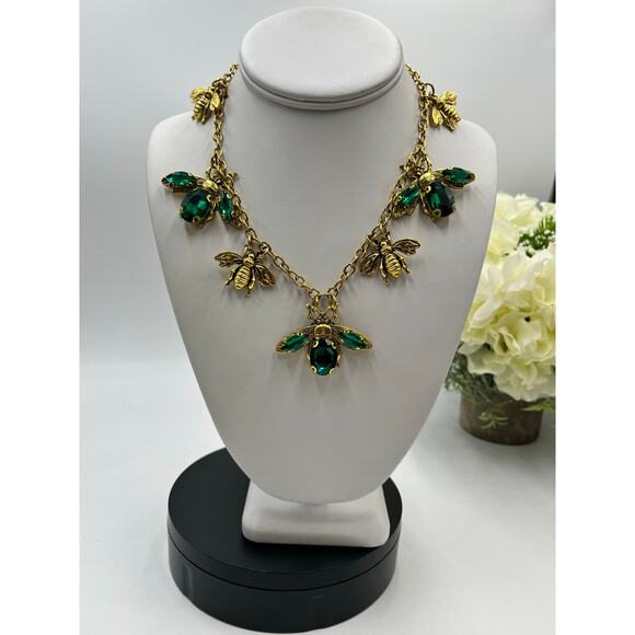Stainless Steel Gold Plated Green Rhinestone Queen Bumble Bee Statement Necklace - Picture 11 of 12
